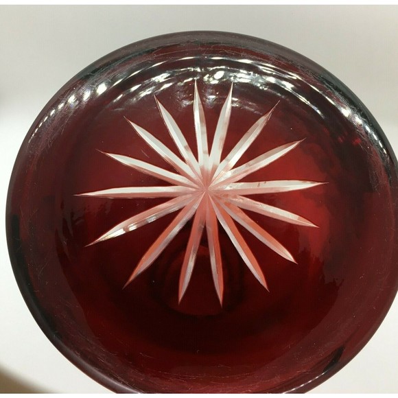 Vintage BOHEMIAN GLASS Vase Ruby Red Cut To Clear Neck & Base Frosted Floral - Picture 9 of 12